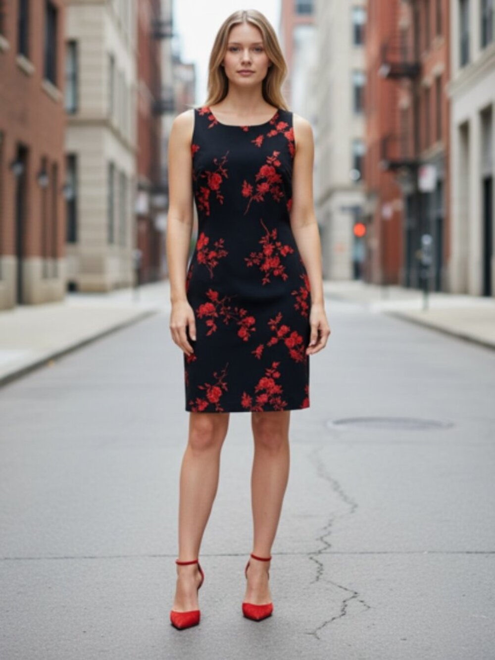 Vintage Rampage Black Sheath Dress with Red Rose Size 13